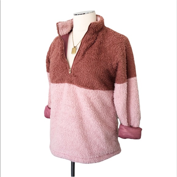 JOURNEY FIVE Women’s Colorblock 1/4 Gold Zip Teddy Pullover Blush Pink Sz M - Picture 3 of 9